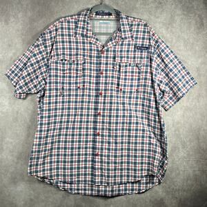 Columbia Super Bahama PFG Shirt Mens Large Blue Red Plaid Nylon‎ Fishing Vented